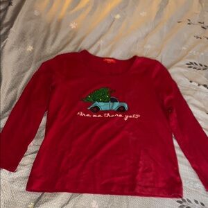 Macy's Red Pajama Long Sleeve Top with “Are We There Yet” Christmas Tree Graphic